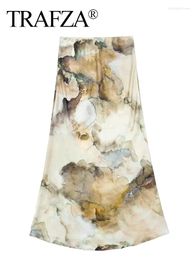 Skirts TRAFZA Spring Women Tie Dye Print Elastic Waist Slim A-Line Skirt Female Bohemian Midi Fashion Streetwear