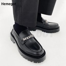 Casual Shoes Black Leather Metal Chain Men Loafers Slip On Men's Korean Trendy Business Dress British