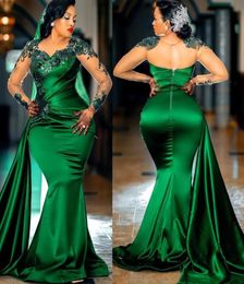 Arabic Aso Ebi Dark Green Mermaid Evening Dresses Sheer Long Sleeve Lace Appliques Jewel Neck Prom Gowns Formal Party Second Recep4086485