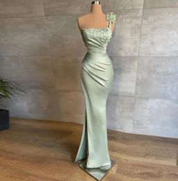 Light Green Evening Dresses Women's Elegant One Shoulder Sleeveless Satin beaded Pleated Applique Princess mermaid Prom Formal Party Dress