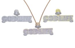 Chains Gold Rose Silver Plated Letter GOD LIFE Pendant With Full Cubic Zircon Paved Large Big Punk Necklace For Men Hip Hop Jewelr3331355