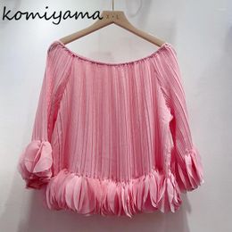 Women's Blouses Korean Chic Pleated Shirts & Petalsleeve Ropa Mujer Slash Neck Blusas Loose Camisas 2024 Spring Summer Tops