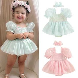 Clothing Sets Summer Baby Girls Princess Rompers Dress Short Puff Sleeve Ruffles Sequined Mesh Lace Patchwork Jumpsuits 2pcs H240508