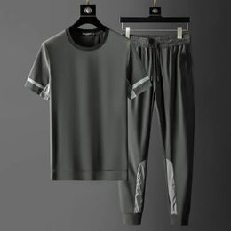 Mens Sets Summer O-Neck tshirts Thin Running Ice Silk Leisure Sports Harem Quick Drying Solid Stitching Leggings Tracksuit 240429