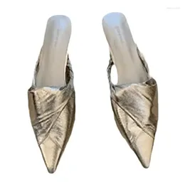 Slippers Fashion Pointed Toe Women Slip On Mule Flat Heels Causal Outsides Slides Elegant Pleated Shoes Sandal Gold