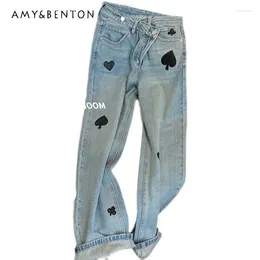 Women's Jeans Retro American-Style Blue Buckle High Waist Wide Leg Women's Design Sense Niche Loose Straight Denim Pants Mop Trousers