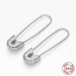 Stud Punk Paperclip Safety Pin Earrings 925 Sterling Silver Womens Micro Pay CZ Zircon Perforated Small 2021 New Q240507