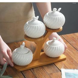 Storage Bottles Kitchen Utensils Jar With Lid Sugar Bowl White Ceramic Seasoning Household Box Rack 4-piece Set