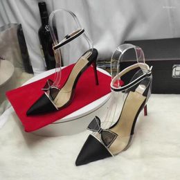 Dress Shoes 2024 Summer Satin PVC Patchwork Crystal Lace Bow-Tie Pointy Toe Sweet High Heels Women Sandals