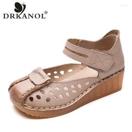 Dress Shoes DRKANOL Women Wedges Heel Sandals Summer Hollow Out Shallow Genuine Leather Comfort Soft Handmade Retro Female