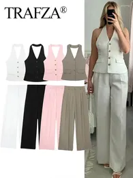 Women's Two Piece Pants TRAFZA 2024 Women Solid 2 Set Halter Neck Sleeveless Wild Camis Top Loose Zipper Commute Office Lady Woman Long Pant
