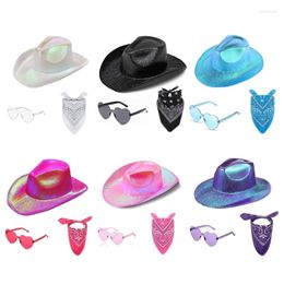 Berets 3PCS Rolled Up Brims Cowboy Hat&Heart Sunglasses Kerchief Set For Woman Carnivals Pography Sunpoof Cowgirl Hat