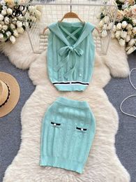 Two Piece Dress SINGREINY Y2K Hot Girl Knitted Suits Slveless Hooded Tops+Buttons Bodycon Skirt Female Solid Senior Summer Two Pieces Sets Y240508