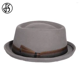 Berets FS 2024 Roll Brim Pork Pie Hats Fashion Men Women Gray Jazz Hat Gentlemen Wool Fedoras Panama Cap Gorras Para Hombres