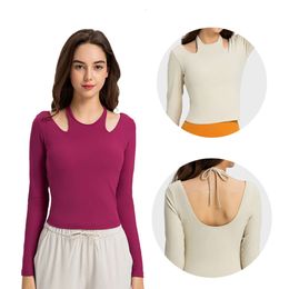 Long Sleeve Crop Top for Women Sexy Open Back Outfits Lady Neck Slim Fit Yoga Shirt