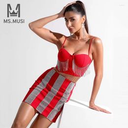 Casual Dresses MSMUSI 2024 Fashion Sexy Patchwork Bandage Two Piece Set Party Strap Diamond Crystal Tassels Top Short Mini Skirt Suit