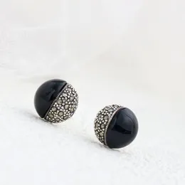 Stud Earrings Authentic 925 Sterling Silver Lady Retro Style Hand Inlaid Natural Black Agate Round Earring Concise Trendy Jewelry