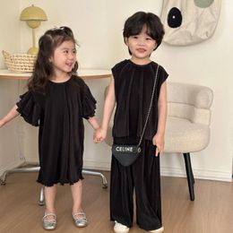 Clothing Sets Children Pajamas Set Summer 2024 Fashionable Casual Simple Solid Color Thin Girls Nightdress Boys Vest Shorts