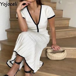 Party Dresses Yojoceli Sexy Women Summer Knitted Dress 2 Piece Set Casual White Pleated Skirt Suits Lady V Neck Sweater Midi Vestidos