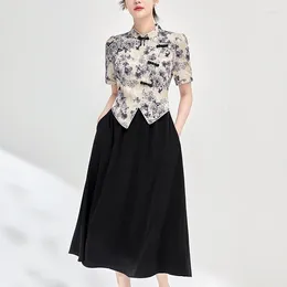 Party Dresses Chinese Style Vintage For Women 2024 Summer Elegant Mandarin Collar Short Sleeve Floral Print Women's Long Dress A-line