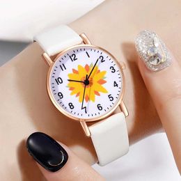 Women's Watches 6PCS/Set Women Sunflower Dial Pu Leather Strap Quartz Wrist With White Butterfly Jewellery Set Gift For Girls