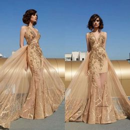 2020 Modest Elegant Deep V Neck Sleeveless Mermaid Evening Lace Applique Formal Dresses Sweep Train Party Gown 0508