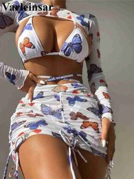 Women's Swimwear Butterfly Printed With Skirt Bikini Women Swimwear Female Swimsuit Four-pieces Bikini set Bather Bathing Suit Swim Lady V4162 WX