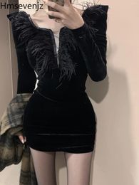 Casual Dresses Korean Fashion Advanced Slim Fit Fleece Spliced Velvet Black Dress For Women Spring Square Neck Long Sleeve Wrap Hip Short