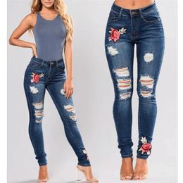 Women's Jeans Stretch For Women Elastic Flower Ladies Pencil Denim Pants Hole Ripped Pantalon Rose Embroidered Pattern