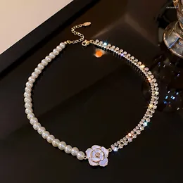 Chains Elegant Rhinestone Pearls Rose Flower Pendant Choker Necklaces For Women Luxury Fashion Jewellery Gift