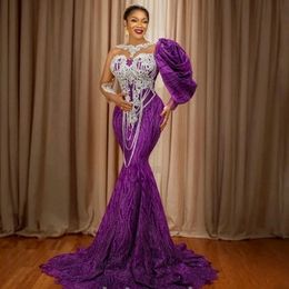 ebi 레이스 Aso Aso Mermaid Evening Dreess Appliques Bed Long Sleeves Purple Spormal Party Gowns Illusion Jewel Neck Chic Prom Dress 2024 Special OCN Wear