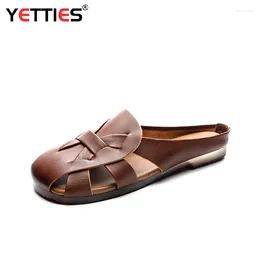 Slippers Summer Ladies Hollow Sandals Weave Genuine Leather Women Leisure Loafers Outdoor Retro Concise Comfy Flats Oversized Women's Sh
