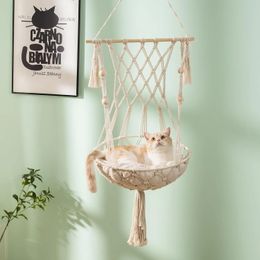 Mewoofun Hanging Cat Bed Pet Cat Hammock Cotton Rope Aerial Kitten Seat Nest with Washed Cotton Mat Tassel Basket Tapestry 240425