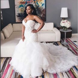 Size African Sweetheart Elegant Mermaid Plus Dresses Lace Appliqued Wedding Gowns Tiered Ruffles Tulle Corset Vestidos De Novia