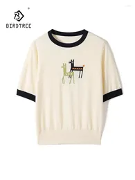 Women's T Shirts BirdTree Mulberry Silk Cotton T-Shirt Women Short Sleeve O Neck Cartoon Funny Versatile Tops 2024 Summer Knitwear T44035QC