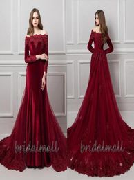Halloween Burgundy Velvet Long Sleeves Sexy Evening Dresses Overskirts Off shoulder Formal Party Gowns Mermaid African Prom Dresse1879979