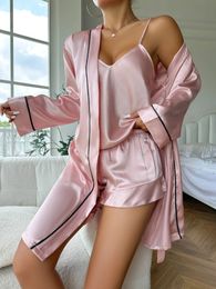 Simple Satin Pyjama Set Long Sleeve Belted Robe V Neck Cami Top And Shorts Womens Sleepwear 240428