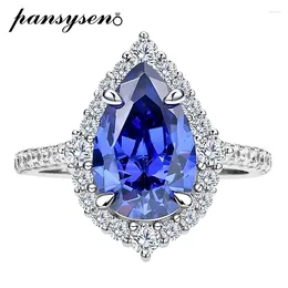Cluster Rings PANSYSEN Vintage 925 Sterling Silver Pear Cut Tanzanite High Carbon Diamond Wedding Engagement Ring Fine Jewellery