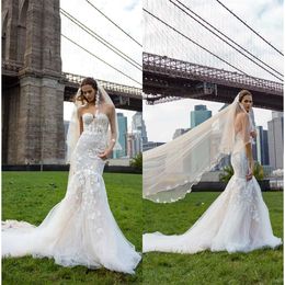 Mermaid Dresses Sweetheart Solo White Princess Merav Neck Lace Applique Bridal Gowns With Corset Sweep Train Plus Size Wedding Dress