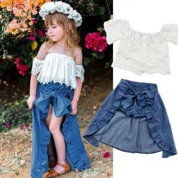 Clothing Sets Baby Girl Kid Lace Collar Off-shoulder T-shirt Top+ Shorts + Shawl Pants Party Clothes Outfits H240508