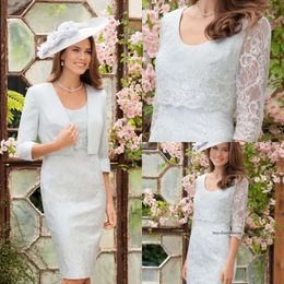 Nyaste mantel Ispirato Mother of the Bride Dress Jewel Neck Long Sleeve Applique Two Pieces Wedding Gästklänningar Knä längd Kvällsklänning 0508