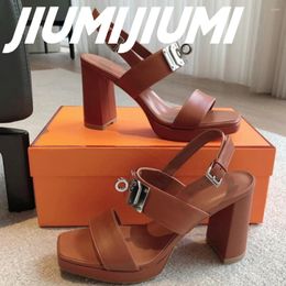 Dress Shoes JIUMIJIUMI Handmade Woman Square Toes Platform High Round Heels Solid Sandals Metal Decora Buckle Strap Roman