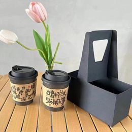 Storage Bags 20pcs Disposable Handle Cup Holder Kraft Paper Black Jam Milk Tea Coffee Takeout Double Portable Packing Tray