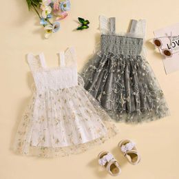 Girl's Dresses Preschool Girls Mesh Lace Dress Flower Embroidered Butterfly Sleeveless Shoulder Strap Dress Summer Fashion Princess Party Dress ClothingL240508