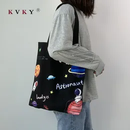 Shoulder Bags 2024 Women's Canvas Tote Students Cotton Cloth Cartoon Print Shopping Bag Foldable Shopper Handbag For Girls