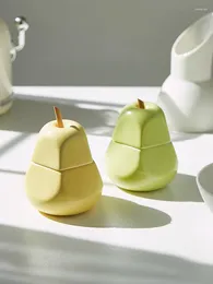 Storage Bottles Creative Ceramic Seasoning Jar With Spoon Cream Colour Cute Apple Pear Simulation Kitchen Pepper Sauce