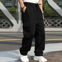 Men's Pants Men Cargo Multi Pockets Drawstring Elastic Waist Sweatpants Solid Color Loose Wide Leg Straight Long Trousers