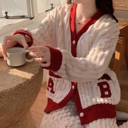 Women's Sleepwear Fluffy Suit Warm V-neck Wear Night Pocket Piece Pajamas Plaid Set Fashion Fleece Women 2024 Winter Home 2 Piiama Pant