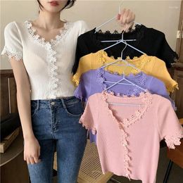Women's T Shirts Woman TShirts Summer Lace V-neck High Waist Pearl Buckle T-shirt Short Sleeve Top Female Crop Mujer Camisetas