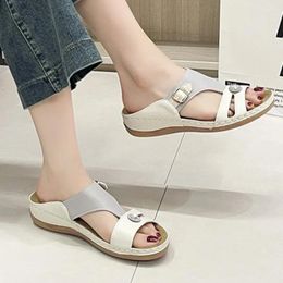 Slippers 2024 Summer Women's Wedge Solid Buckle Decorate Open Toe Shoes For Women Anti-slip Leather Casual Female Retro